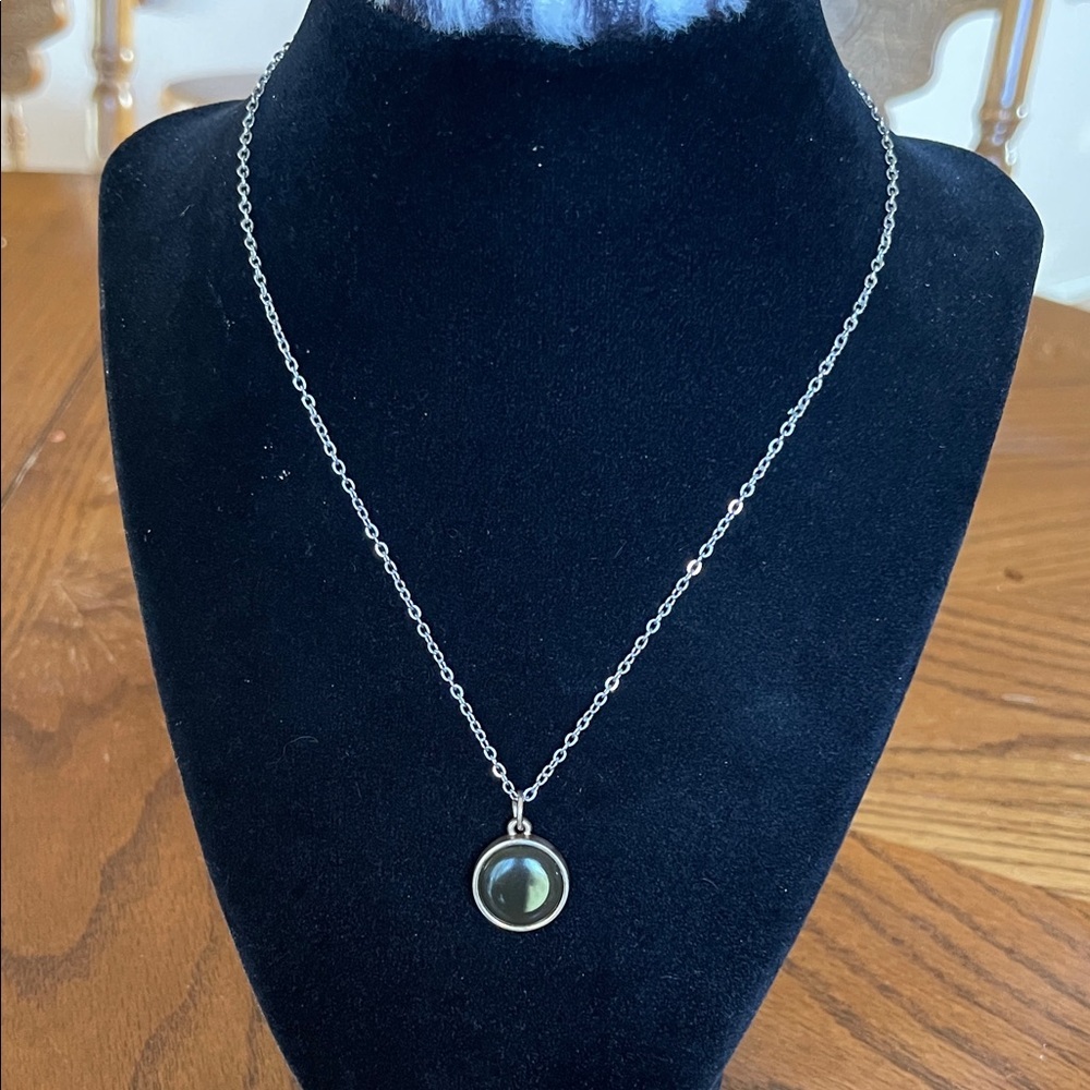 Silver Chain Necklace with Black Round Pendant